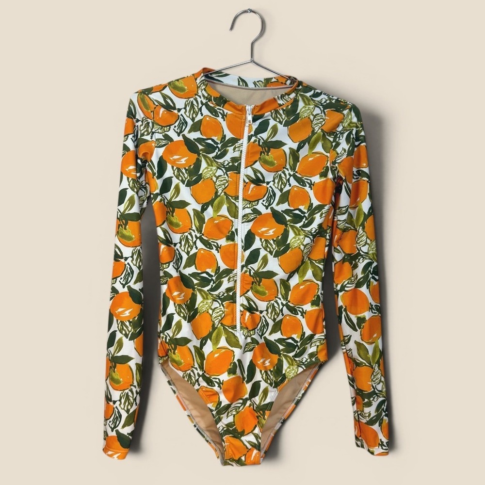 MOTT50 One Piece Swimsuit Women S Orange Citrus Long Sleeve Rash Guard Surfing